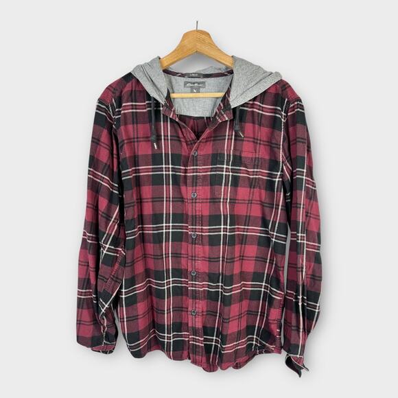 Eddie Bauer Mens size Large Plaid Hoodie Button Up Long Sleeve Shirt Red - Picture 1 of 4
